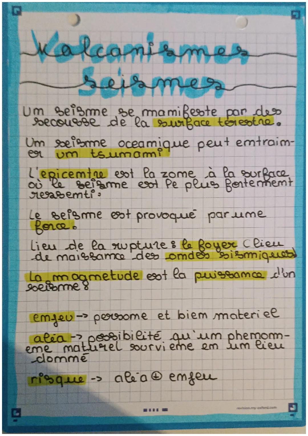 Kalcanismes
seismer
Um seisme se mamifeste par des
secousse de la surface terestre.
Um seisme oceamique peut emtraim-
er um tsumami
L'epicen