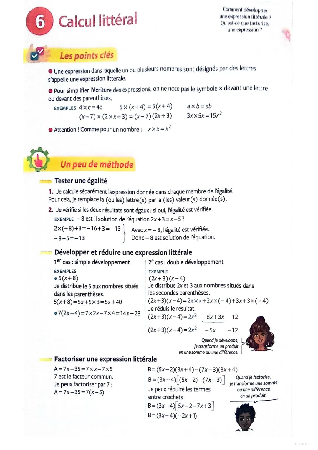 6 Calcul littéral
Les points clés
Une expression dans laquelle un ou plusieurs nombres sont désignés par des lettres
s'appelle une expressio