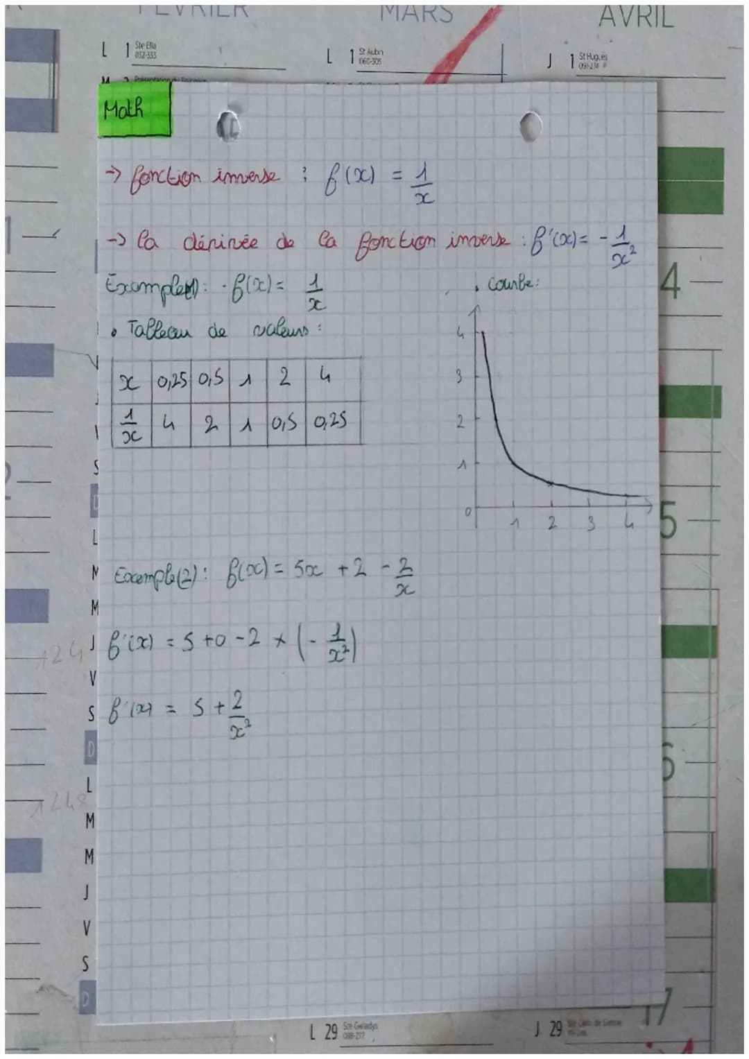VIER
01-
02-
424
FEVRIER
04-
L 1
Math
6
CHU: fonction inverse
Rappel sur les dérivées (polymômes /
f(x) 6'(x)
R (PR)
OC
X
X
2
3
E
MARS
St An