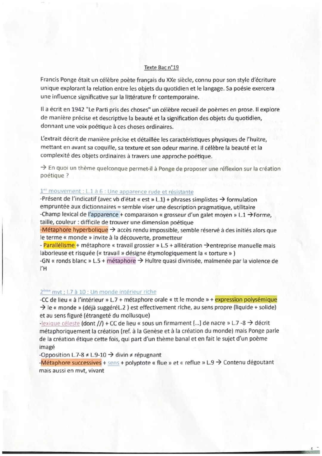 Texte Bac n°19
Francis Ponge était un célèbre poète français du XXe siècle, connu pour son style d'écriture
unique explorant la relation ent
