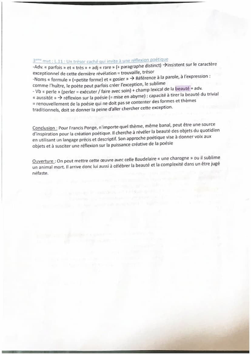 Texte Bac n°19
Francis Ponge était un célèbre poète français du XXe siècle, connu pour son style d'écriture
unique explorant la relation ent