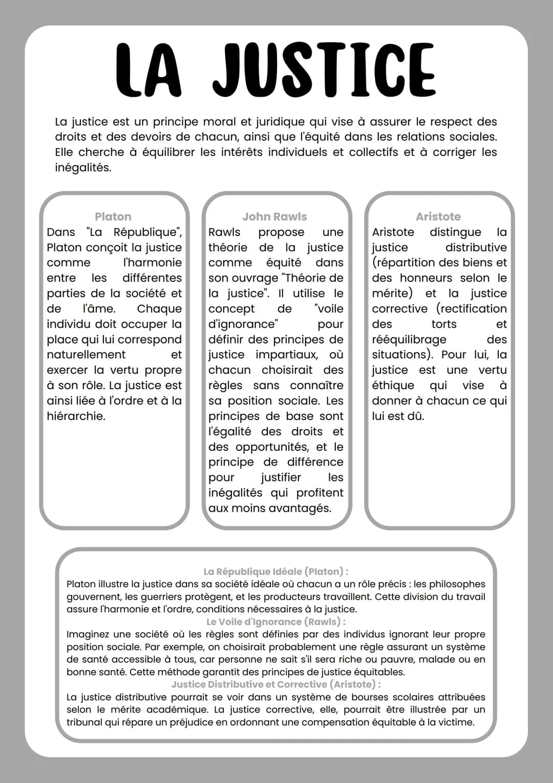 LA JUSTICE
La justice est un principe moral et juridique qui vise à assurer le respect des
droits et des devoirs de chacun, ainsi que l'équi