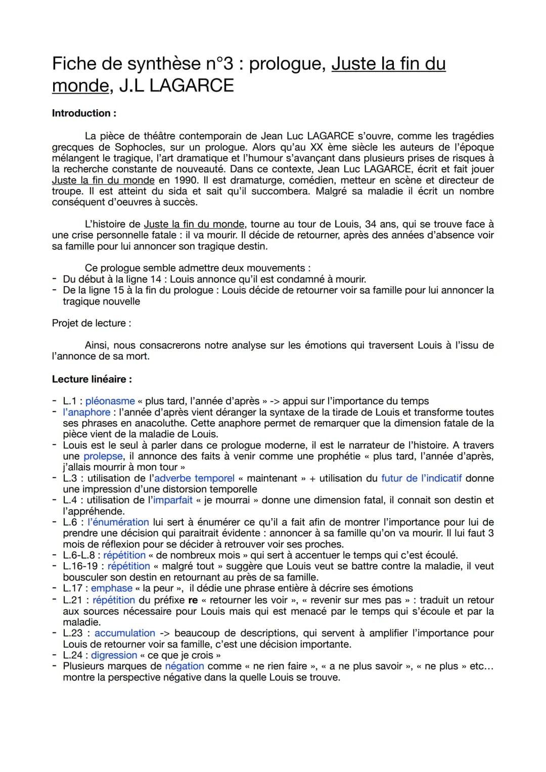 Fiche de synthèse n°3 : prologue, Juste la fin du
monde, J.L LAGARCE
Introduction :
La pièce de théâtre contemporain de Jean Luc LAGARCE s'o