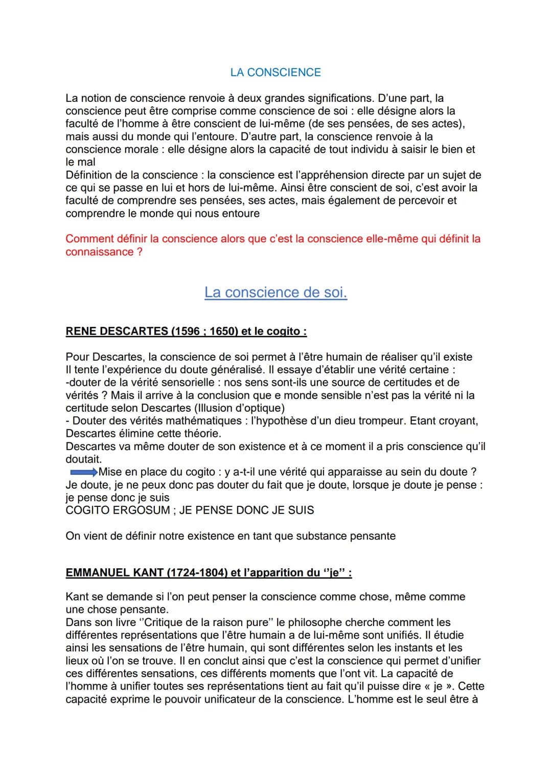 LA CONSCIENCE
La notion de conscience renvoie à deux grandes significations. D'une part, la
conscience peut être comprise comme conscience d