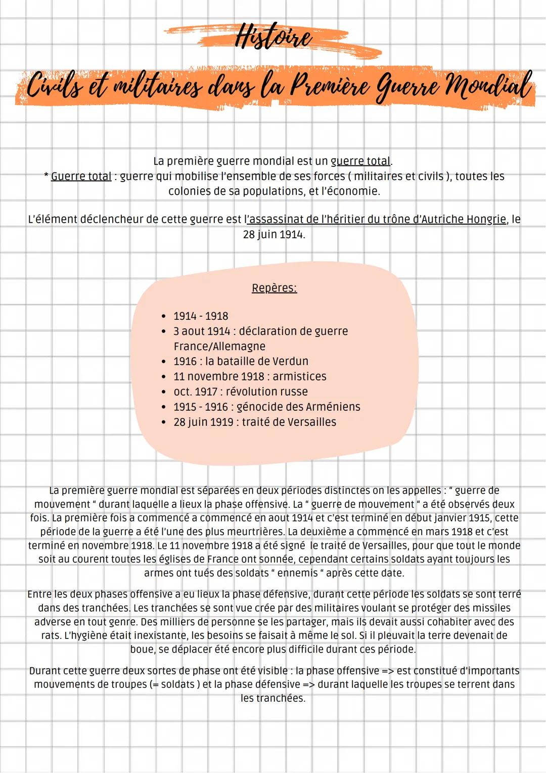 Histoire
Civils et militaires dans la Première Guerre mondial
La première guerre mondial est un guerre total.
* Guerre total: guerre qui mob