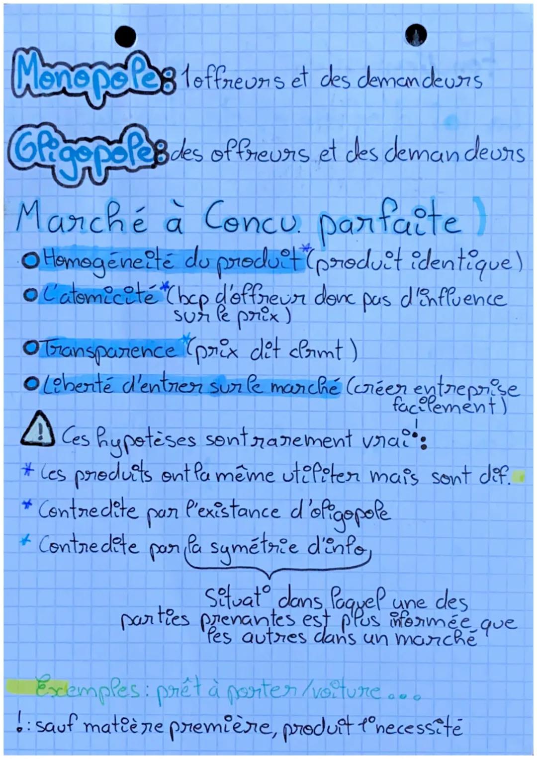 # Fonctionnement d'un marché

La Poi d'offre et de demande

O prix > prix d'équipebre : excès d'offre

Pour revenir au point d'équipebre on 