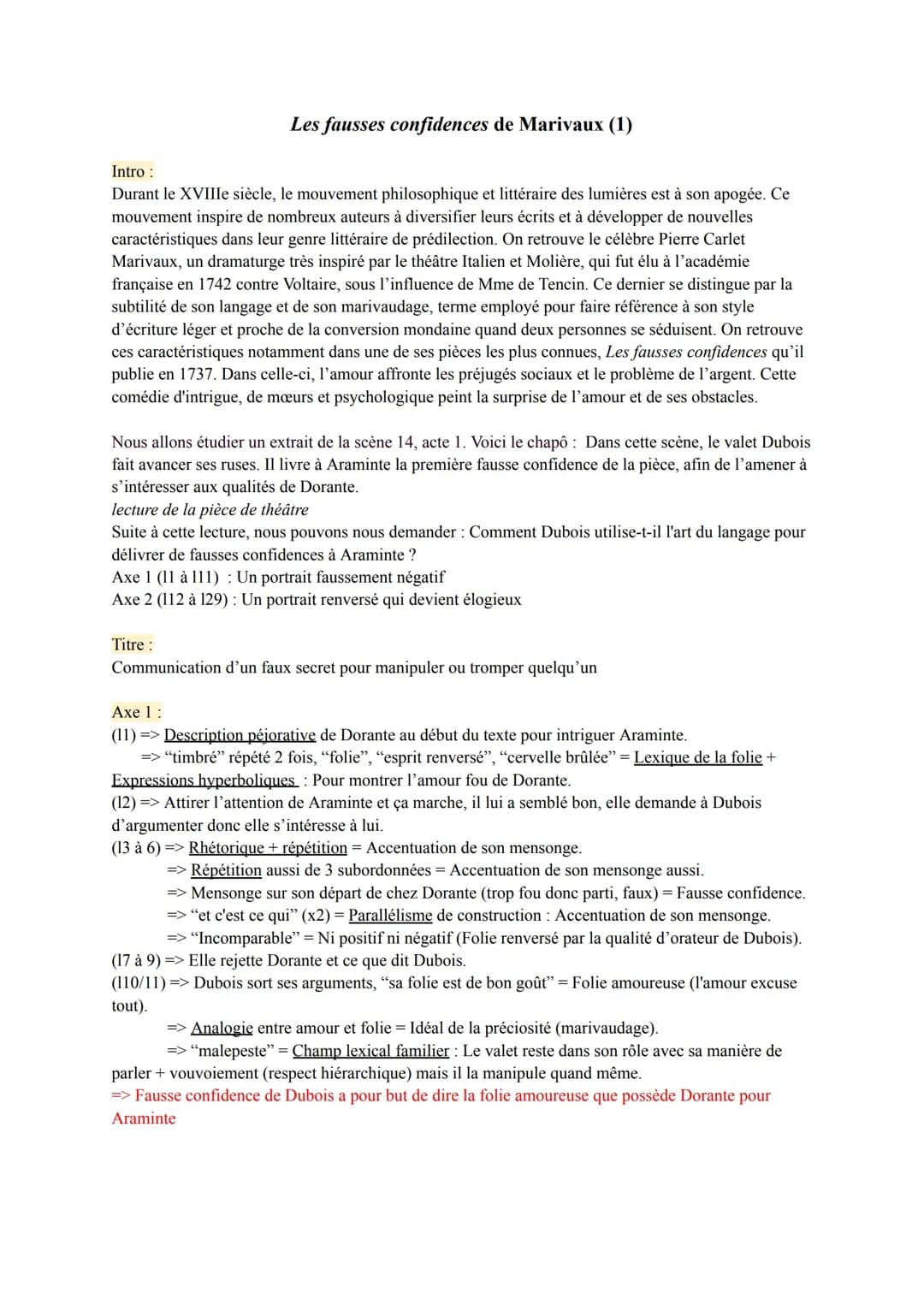 Analyse linéaire Acte I, scène 14 de Marivaux