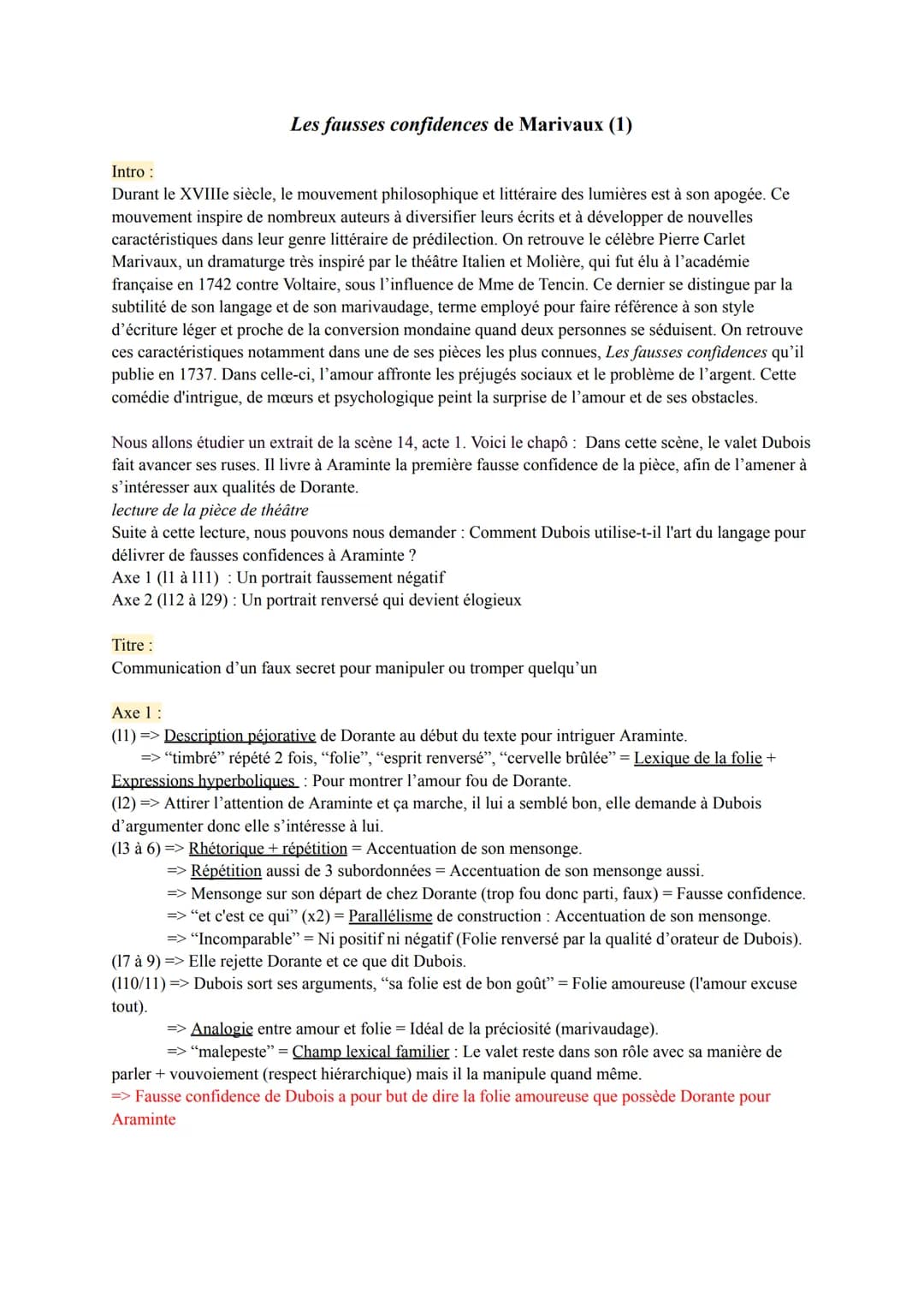 Les fausses confidences de Marivaux (1)
Intro :
Durant le XVIIIe siècle, le mouvement philosophique et littéraire des lumières est à son apo
