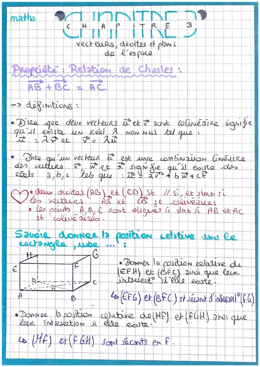maths

HAP
CIONITREE
L
vecteurs, droites et plans
de l'espace

Propeiate Relation de Chasles.
$AB+BC = AC$

-> définitions:
3
• Dire que deu