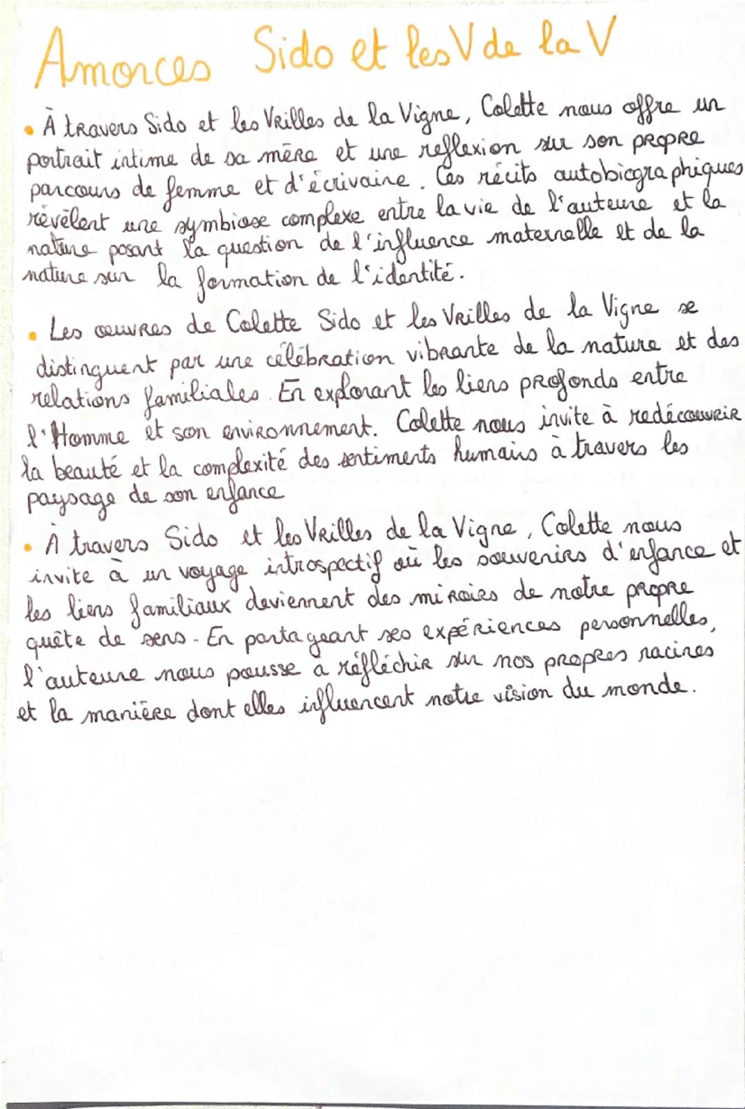 # Amorces Sido et les V de la V

• À travers Sido et les Vrilles de la Vigne, Colette nous offre un
portrait intime de sa mère et une reflex