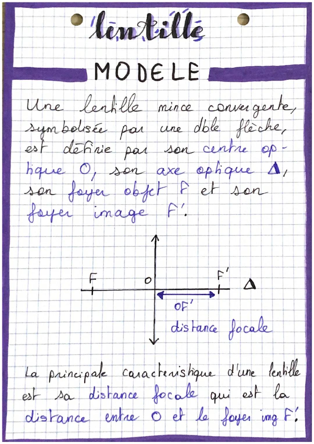 lentille
MODELE
Une lentille mince convergente,
une dble flèche,
bolisée par
symbolisée
est définie
рол
son centre op
lique O, son axe optiq