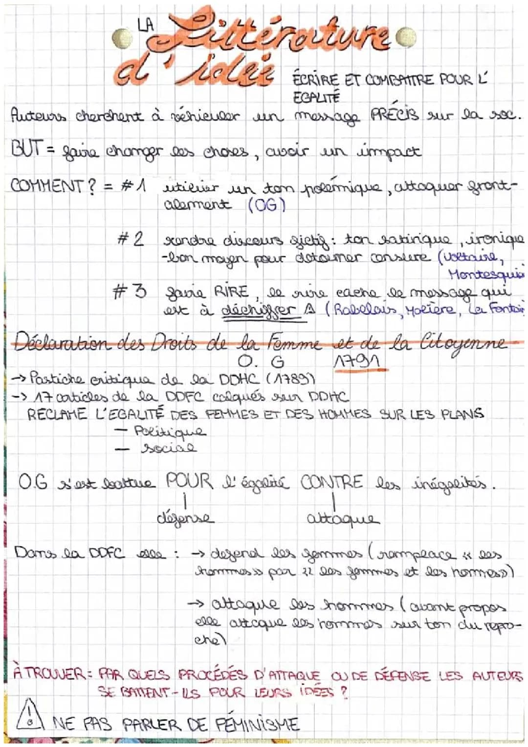 Fiche de Révision: Dissertation sur Olympe de Gouges et Littérature d'Idées PDF