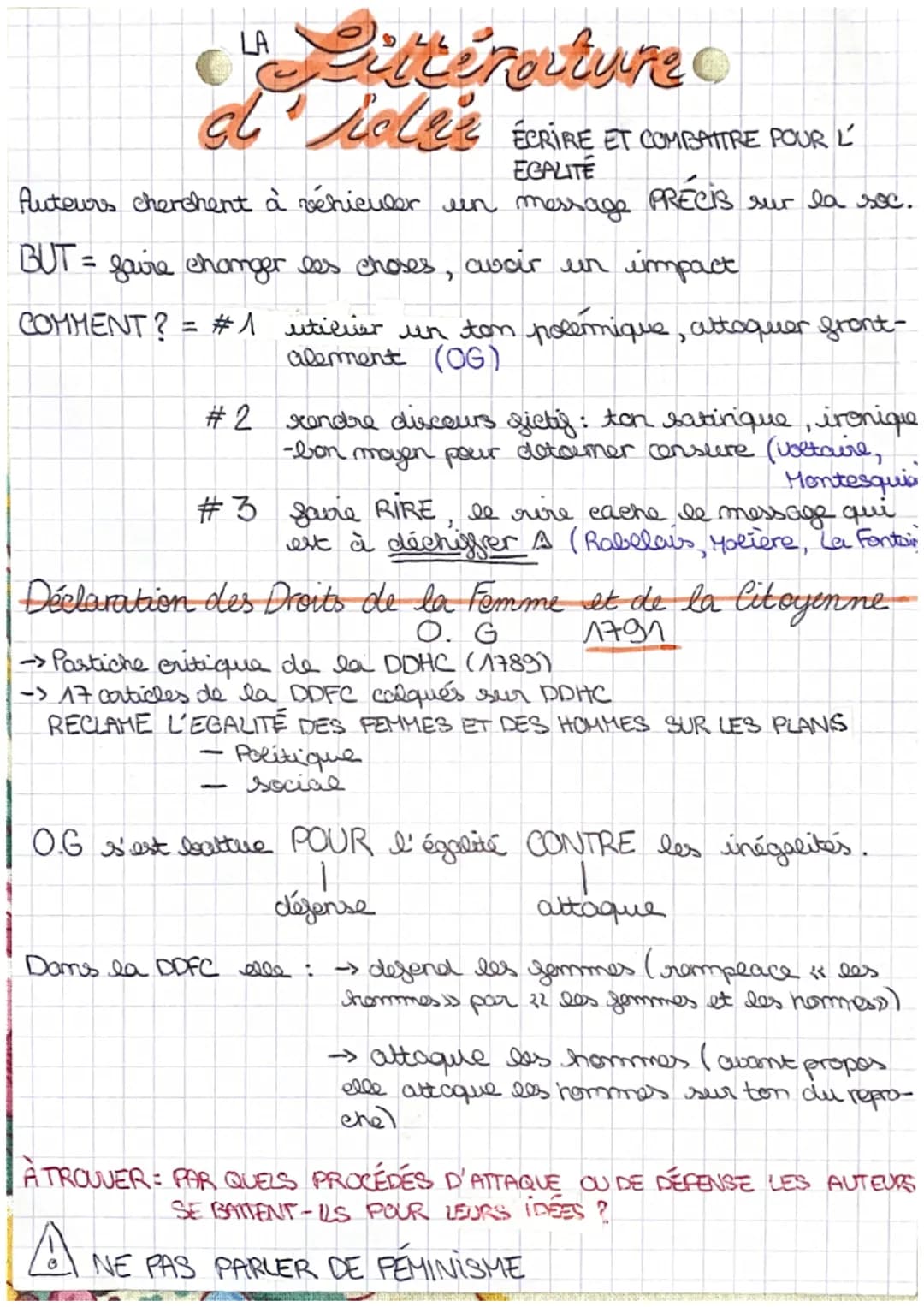 Fittinature
d'idir ÉCRIRE ET COMBATTRE POUR L'
EGALITE
Auteurs cherchent à véhiculer un message.
PRECIS
sur la soc.
BUT = gaire changer les 