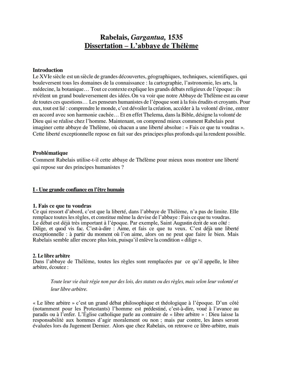 Rabelais, Gargantua, 1535
Dissertation - L'abbaye de Thélème
Introduction
Le XVIe siècle est un siècle de grandes découvertes, géographiques