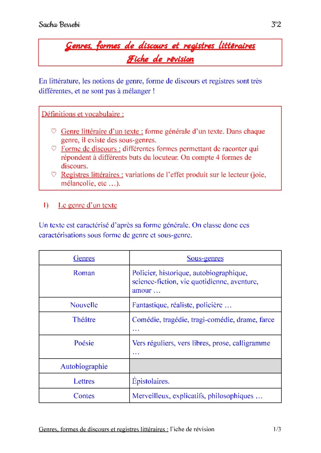 Français - GENRES, FORMES DE DISCOURS ET REGISTRES LITTÉRAIRES