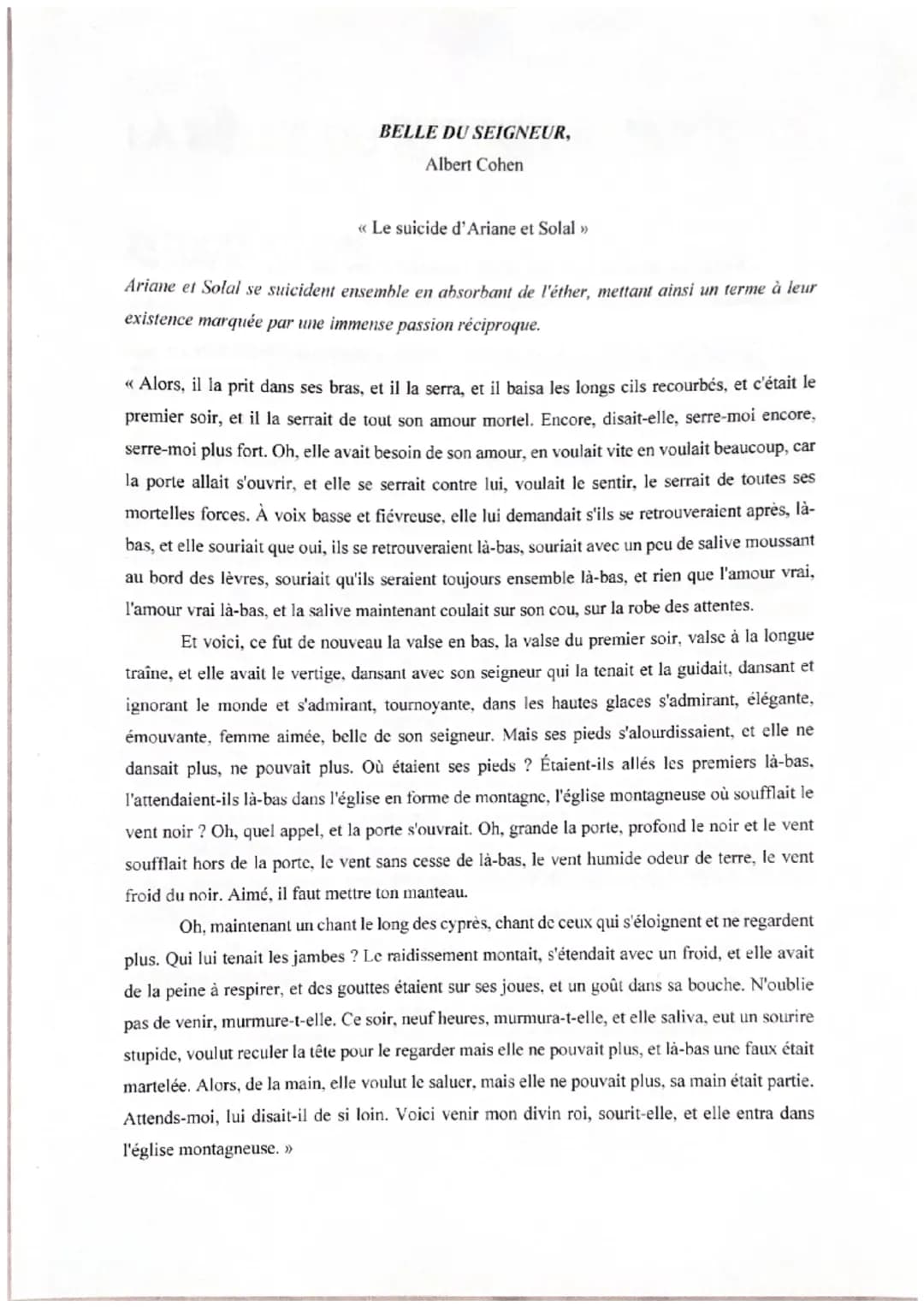 BELLE DU SEIGNEUR,
Albert Cohen
<< Le suicide d'Ariane et Solal >>
Ariane et Solal se suicident ensemble en absorbant de l'éther, mettant ai