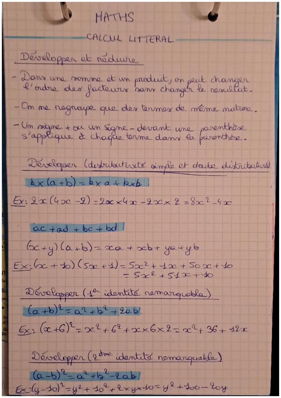 Da
64
AT
ON
Ste
MATHS
CALCUL LITTERAL
Développer et réduire
Dans une somme et un
l'ordre des facteurs
produit, on peut changer
wis sans chan
