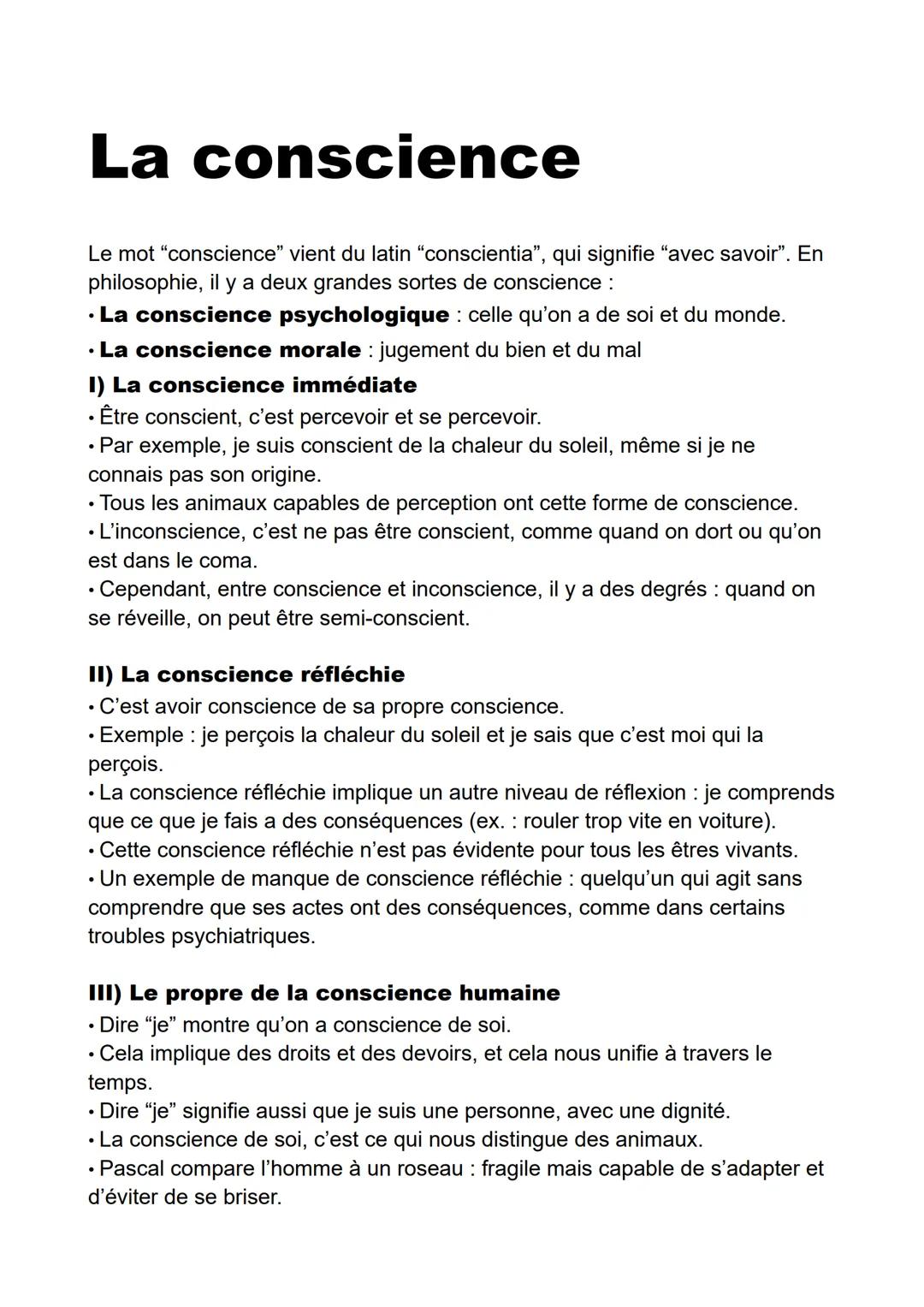 --- OCR Start ---
La
conscience
Le mot "conscience" vient du latin "conscientia", qui signifie "avec savoir". En
philosophie, il y a deux gr