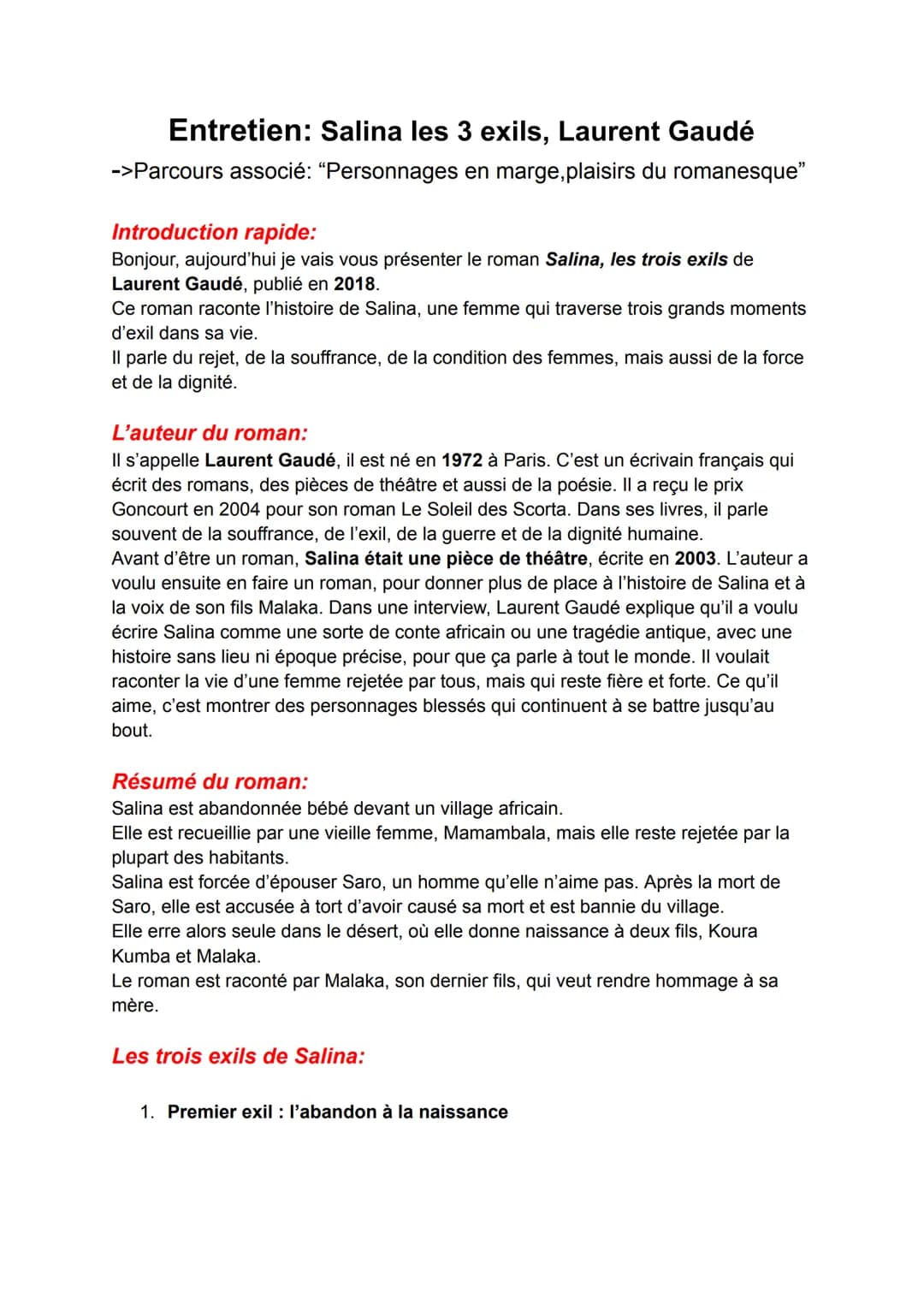 Oral de français – Salina, les trois exils de Laurent Gaudé – Bac de Français