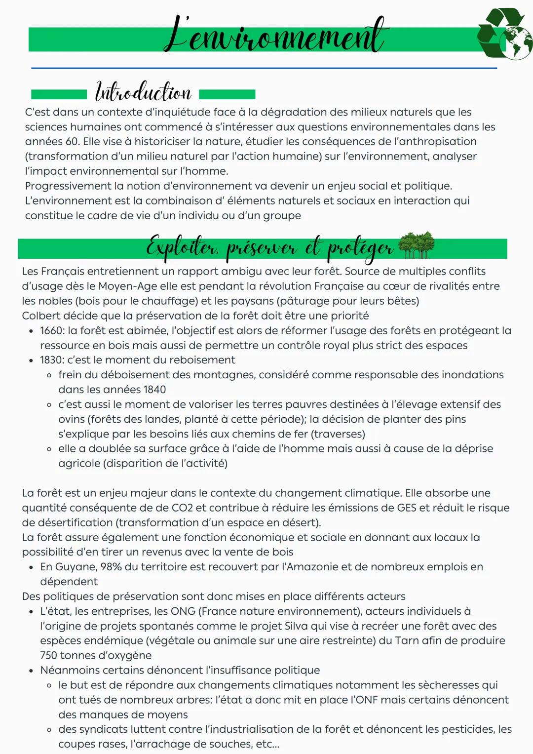 # L'environnement

Introduction

C'est dans un contexte d'inquiétude face à la dégradation des milieux naturels que les
sciences humaines on