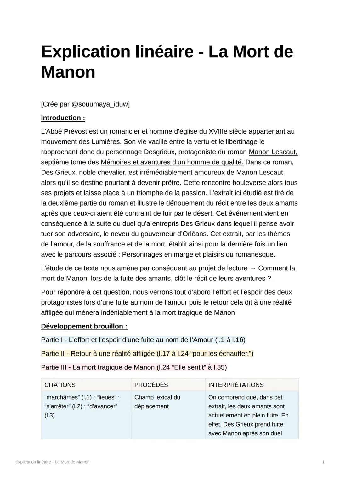 Explication linéaire - La mort de Manon (Manon Lescaut)