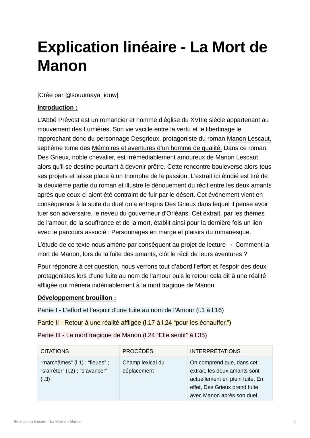 Explication linéaire - La Mort de
Manon
[Crée par @souumaya_iduw]
Introduction :
L'Abbé Prévost est un romancier et homme d'église du XVIIIe