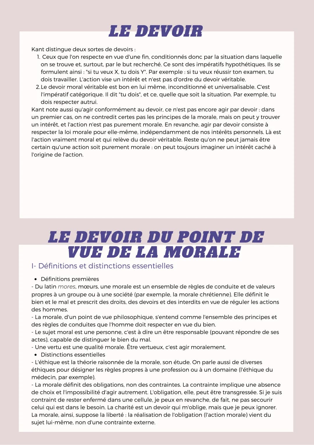 LE DEVOIR
Le devoir n'est pas un ordre que l'on suit aveuglément et comme mécaniquement,
ni une contrainte à laquelle on se plierait par con