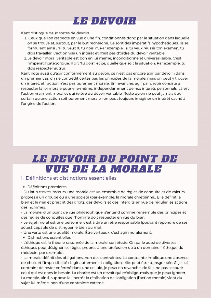 LE DEVOIR
Le devoir n'est pas un ordre que l'on suit aveuglément et comme mécaniquement,
ni une contrainte à laquelle on se plierait par con