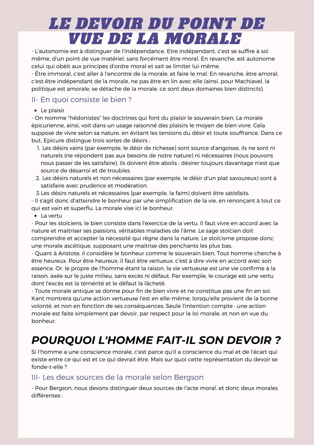 LE DEVOIR
Le devoir n'est pas un ordre que l'on suit aveuglément et comme mécaniquement,
ni une contrainte à laquelle on se plierait par con