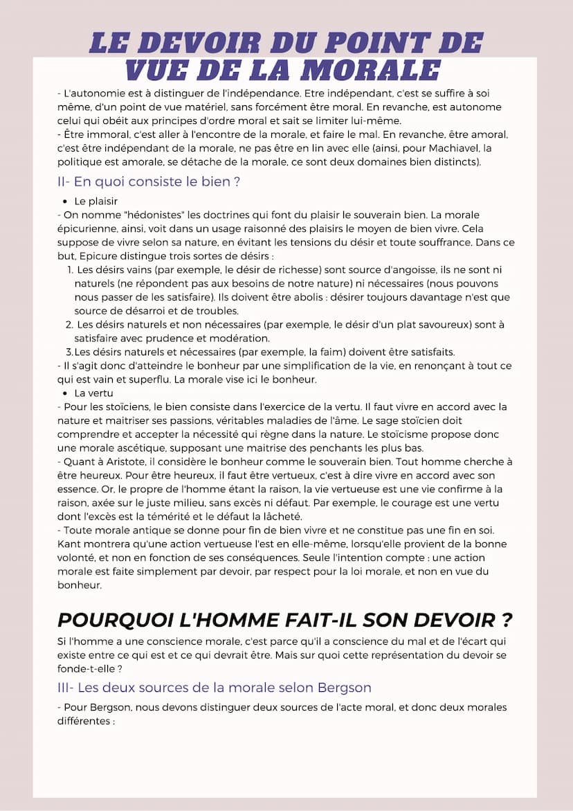 LE DEVOIR
Le devoir n'est pas un ordre que l'on suit aveuglément et comme mécaniquement,
ni une contrainte à laquelle on se plierait par con