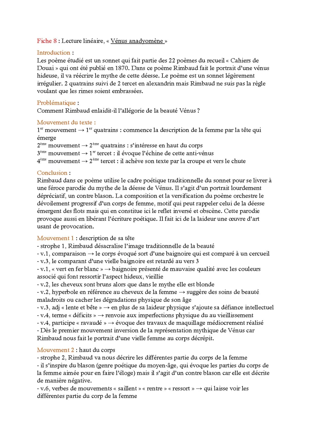 Analyse linéaire de Vénus anadyomène de Rimbaud - Fiche Révision PDF