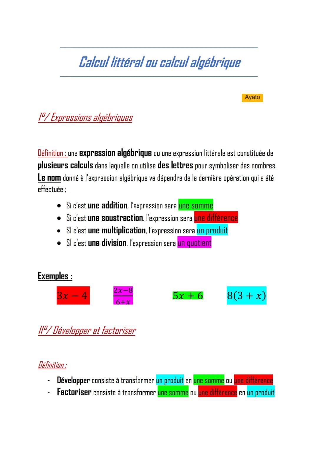 10/Expressions algébriques
Calcul littéral ou calcul algébrique
Définition: une expression algébrique ou une expression littérale est consti