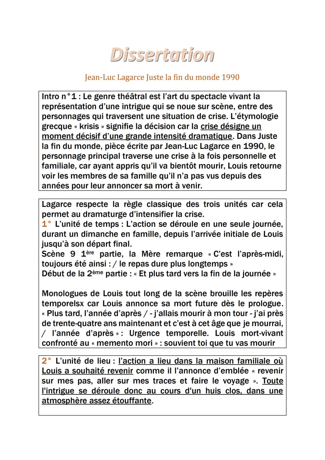 Dissertation
Jean-Luc Lagarce Juste la fin du monde 1990
Intro n°1 : Le genre théâtral est l'art du spectacle vivant la
représentation d'une