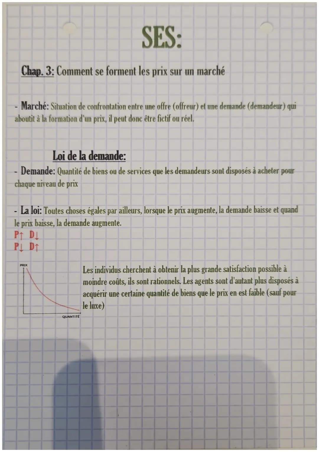 SES:
Chap. 3: Comment se forment les prix sur un marché
- Marché: Situation de confrontation entre une offre (offreur) et une demande (deman