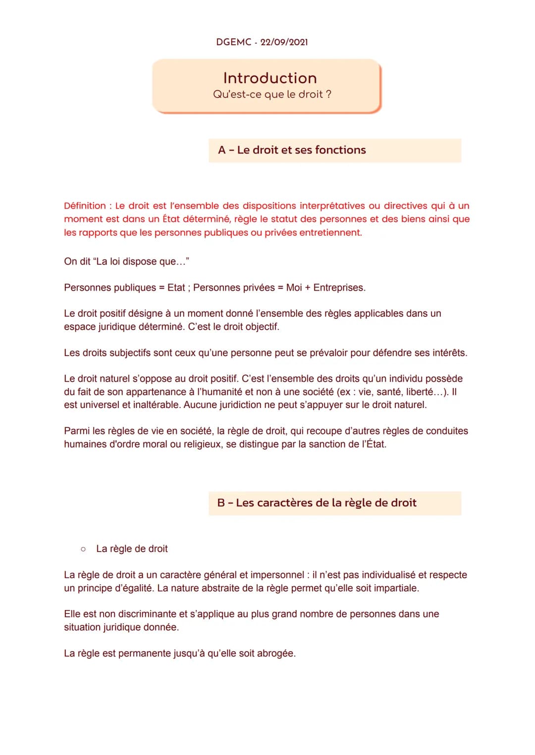 On dit "La loi dispose que..."
DGEMC 22/09/2021
Introduction
Qu'est-ce que le droit ?
Définition : Le droit est l'ensemble des dispositions 