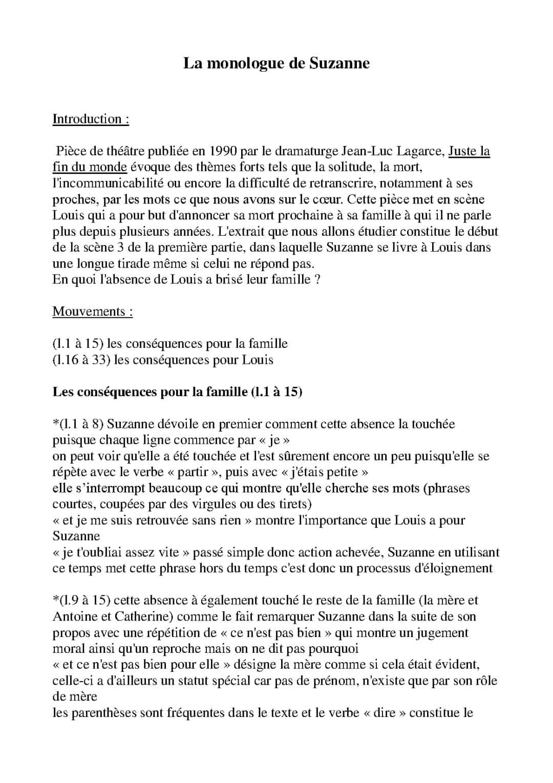 Monologue de Suzanne Juste la fin du monde texte PDF - Analyse linéaire
