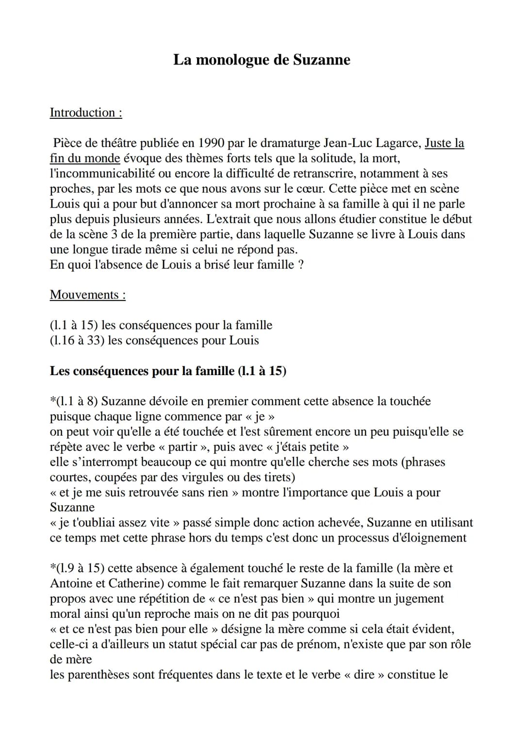 Introduction :
La monologue de Suzanne
Pièce de théâtre publiée en 1990 par le dramaturge Jean-Luc Lagarce, Juste la
fin du monde évoque des