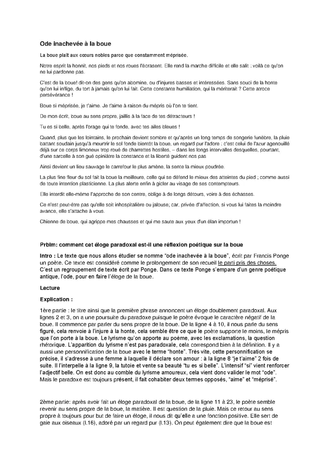 Analyse linéaire de l'Ode inachevée à la boue de Francis Ponge