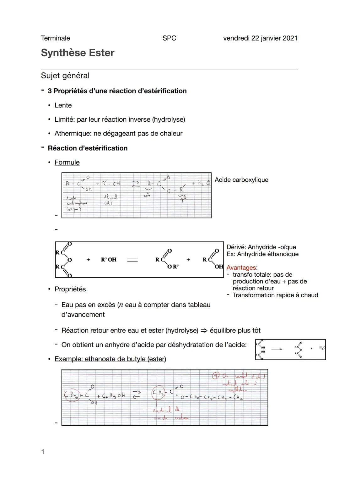 Terminale
Synthèse Ester
Sujet général
3 Propriétés d'une réaction d'estérification
• Lente
• Limité: par leur réaction inverse (hydrolyse)
