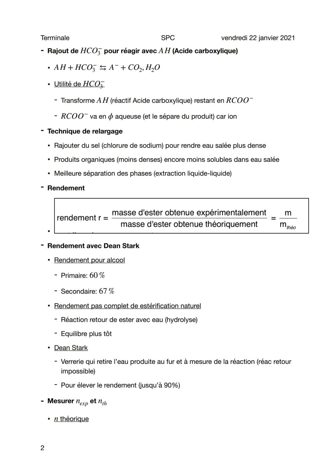Terminale
Synthèse Ester
Sujet général
3 Propriétés d'une réaction d'estérification
• Lente
• Limité: par leur réaction inverse (hydrolyse)
