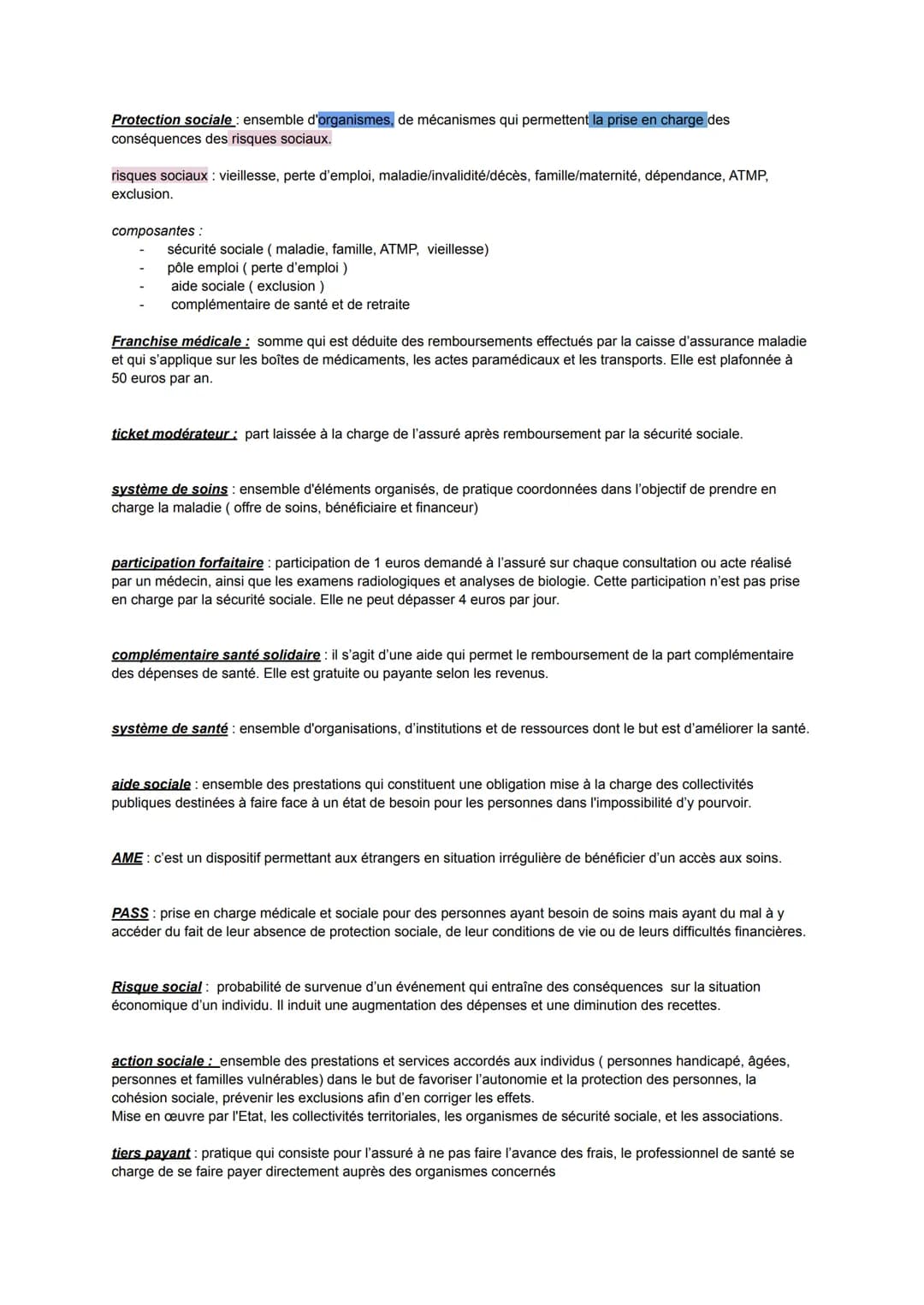 Protection sociale: ensemble d'organismes, de mécanismes qui permettent la prise en charge des
conséquences des risques sociaux.
risques soc