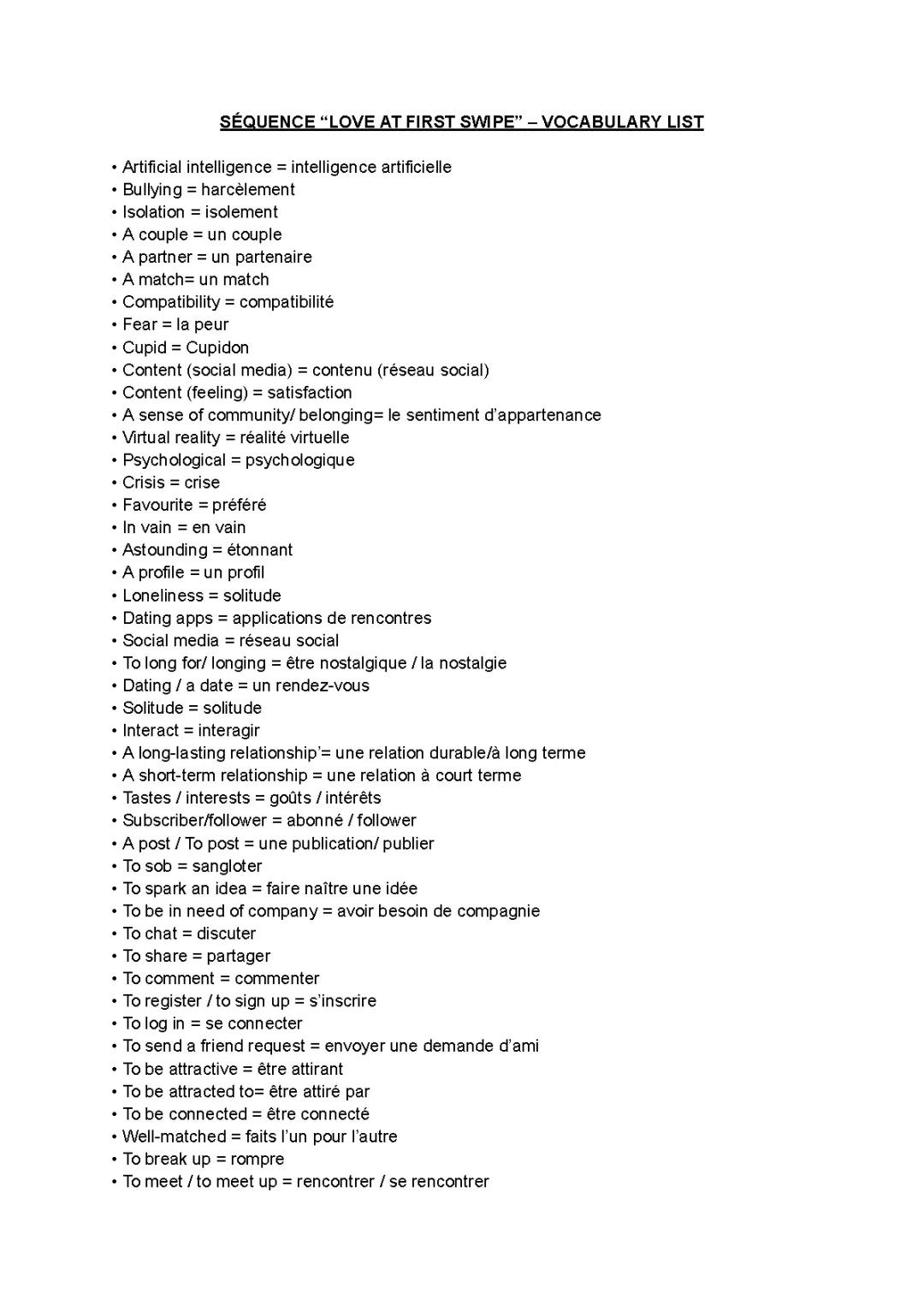 VOCABULAIRE ANGLAIS LOVE AT FIRST SWIPE 💕