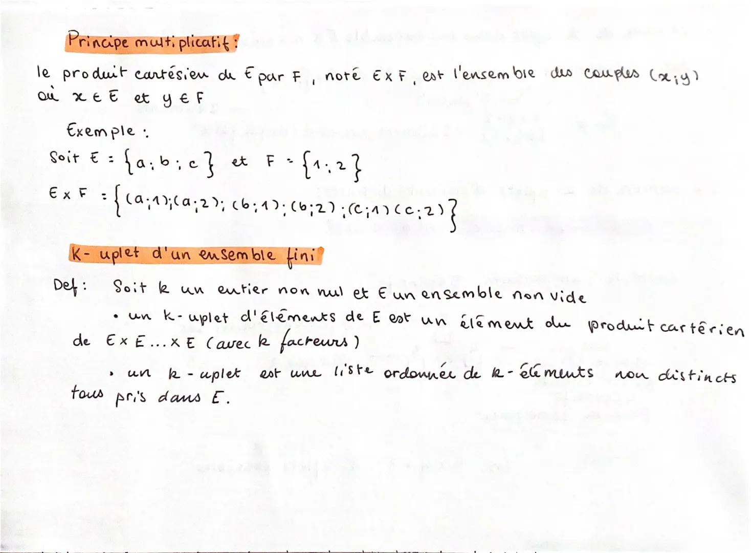 # Principe multiplicatif:
le produit cartésien de E par F , noté $E X F$, est l'ensemble des couples $(x;y)$
où $x \in E$ et $y \in F$

Exem