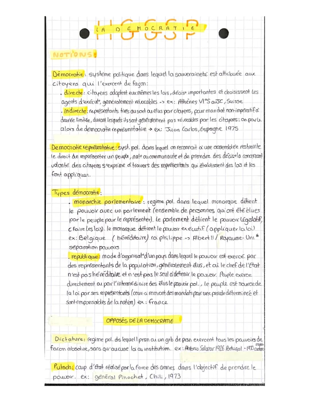 NOTIONS
LA OGROCKA P
EM
TI
D
Démocratie: systeme politique dans lequel la souveraineté est attribuée aux
citoyens qui l'exercent de façon:
d