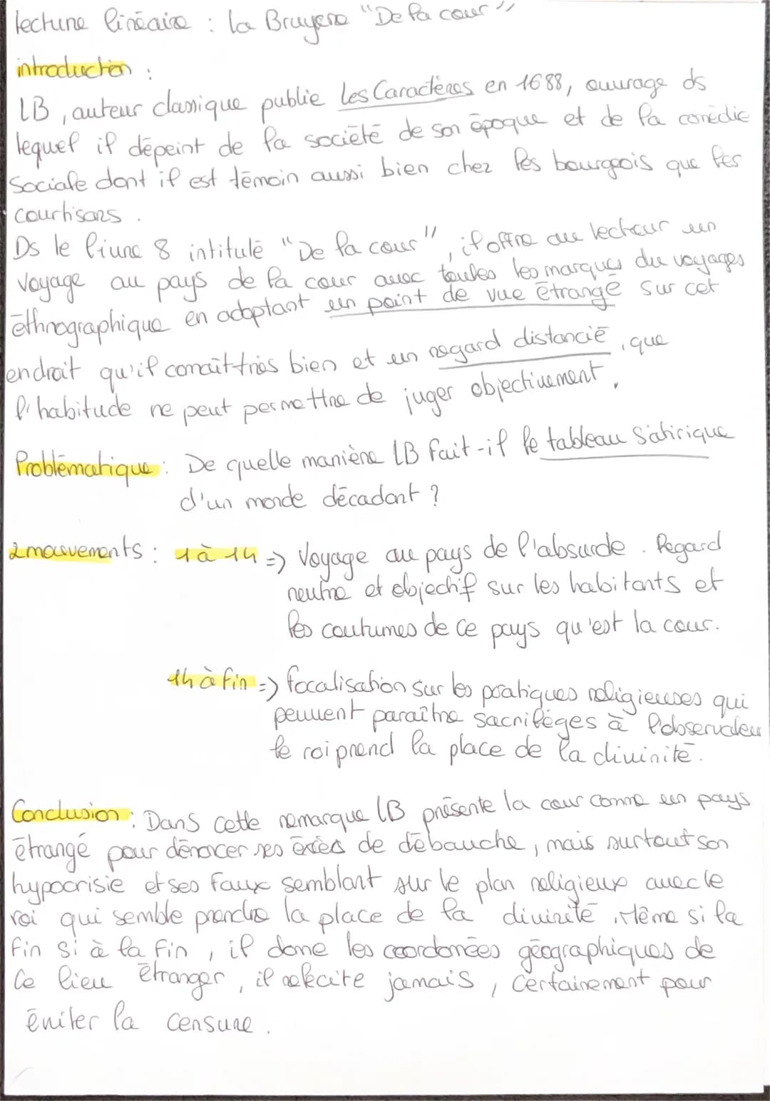 lecture linéaire: la Bruyere "De Pa cour
introduction :
LB, auteur classique publie les Caractères en 1688, ouvrage ds
lequel if dépeint de 