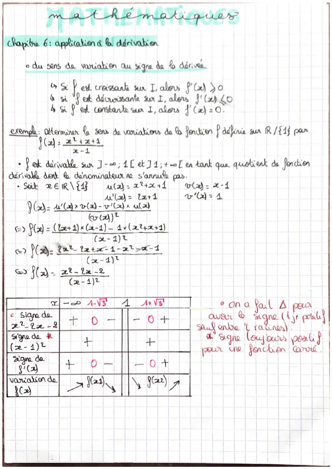 chapitre 6: application à la dérivation
mathématiques
O
。 du sens de variation au signe de la dérivée
exemple: Déterminer le sens de variati