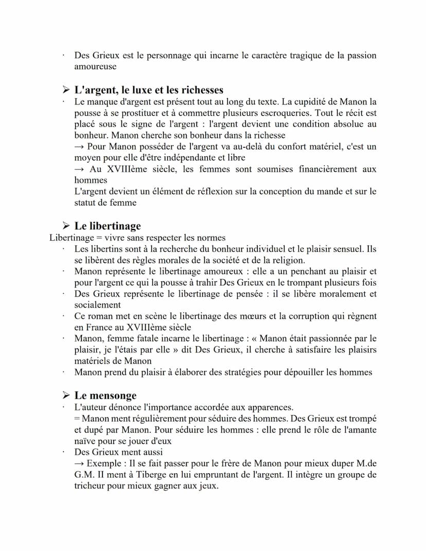 MANON LESCAUT, 1753
Résumé de l'œuvre :
Personnages:
Manon Lescaut issu d'un milieu modeste, elle incarne la luxure et l'envie.
Elle enfrein