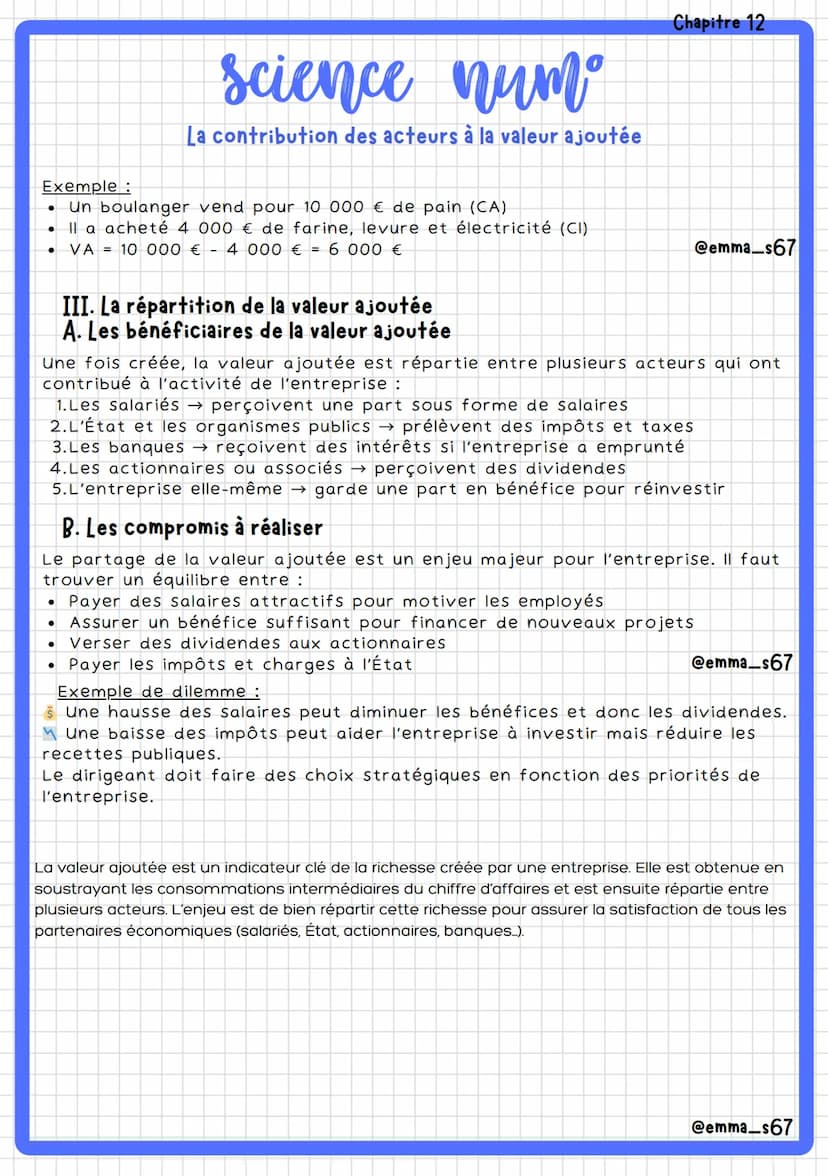 --- OCR Start ---
Chapitre 12
science num
La contribution des acteurs à la valeur ajoutée
I. Repérer la valeur ajoutée au produit
A. Le prin