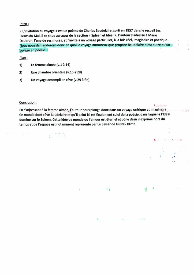 L'invitation au voyage
I
Mon enfant, ma soeur, → apostrophe (lien proximité)
Songe à la douceur
III
verbe à l'impératif › plonge do le thème