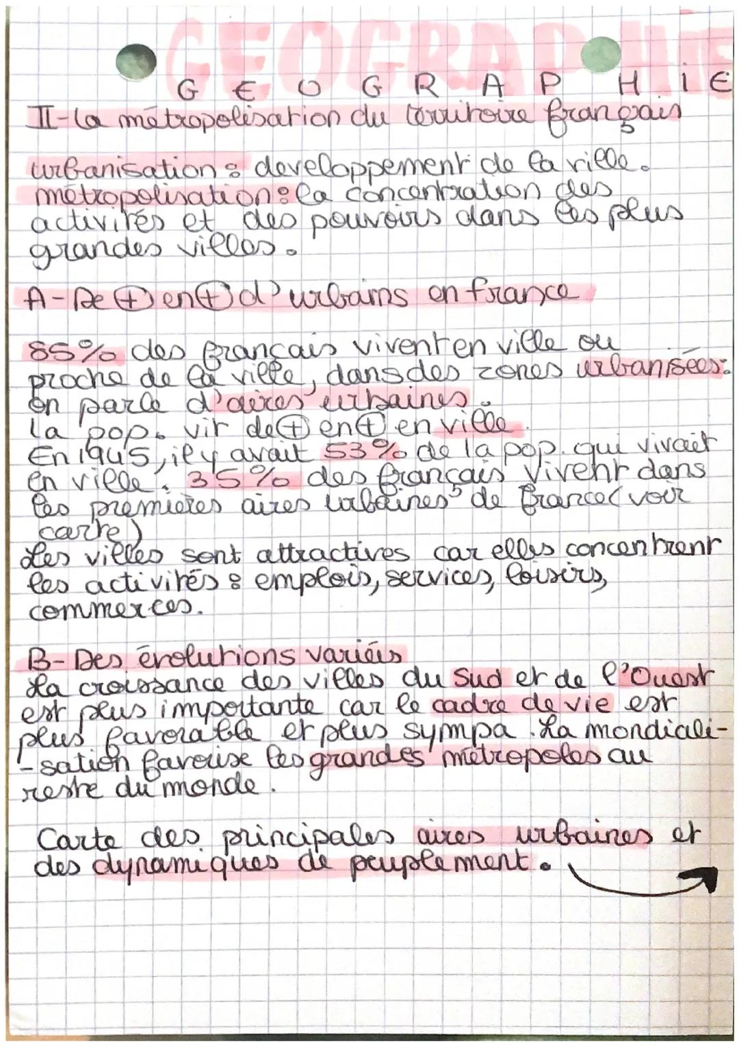 GE
OGRAP
HIE
II- la metropolisation du territoire français.
urbanisation developpement de la ville.
metropolisation: la concentration des
ac